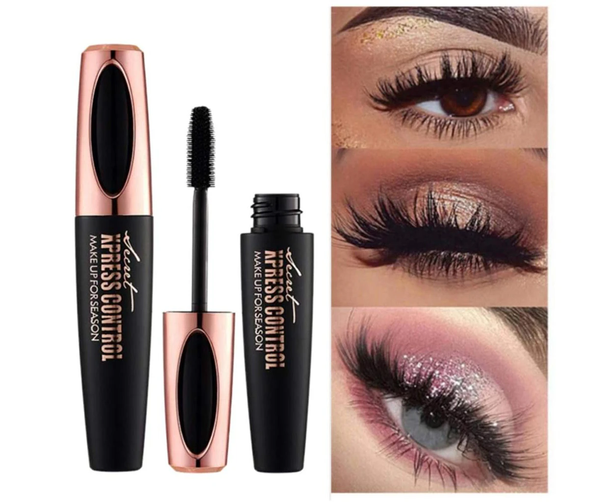 Mascara made of 4D silk fiber, waterproof, luxuriously longer, thicker, more voluminous eyelashes, long-lasting, dramatic lengthening, smudge-proof