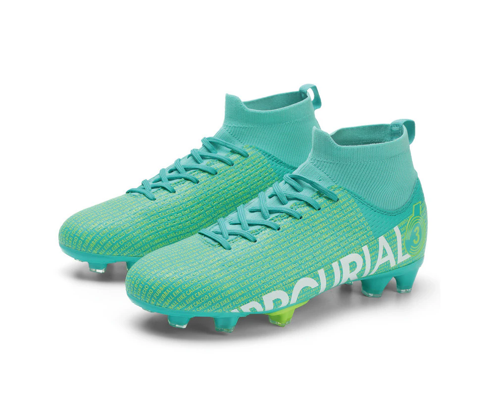 Men's High Top Slip-On Soccer Shoes Super Light Turf Football Boots Grass Training Shoes -Green