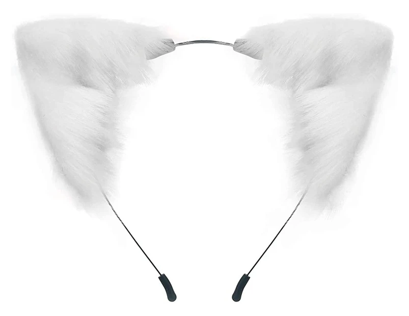 Hand-Made Simulation Animal Ear Headband, Cat Fox Faux Fur Ears Headband Cute Costume Handmade Animal Fur Ears Headband - White