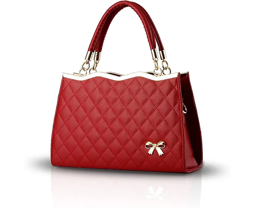 Women Handbag Shoulder Messenger Bag Soft Side PU Leather Diamond Plaid--Wine Red