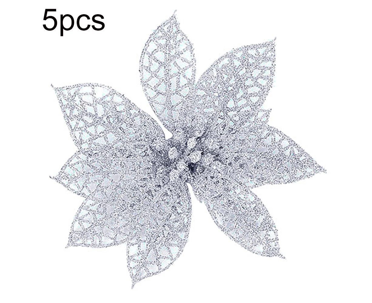 5Pcs Glitter Hollow Artificial Christmas Flower Ornament Xmas Tree Garland Decor-Silver