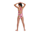 Speedo Girl's Punk Floral Lane Line Back Swimsuit - Pink/ White/ Black/ Lime