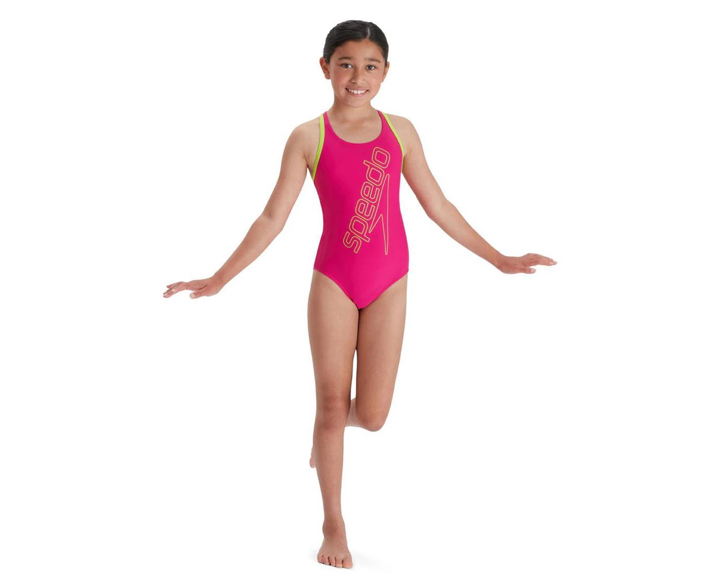 Speedo Girl's Boom Logo Placement Flyback Swimsuit - Electric Pink/ Atomic Lime