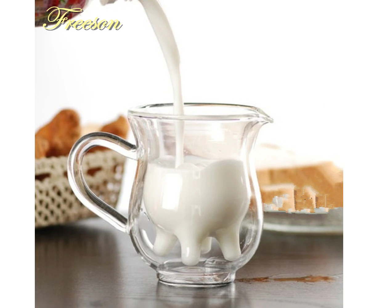 Cute Cow Double Layer Glass Mug Milk Juice Coffee 250ml Creamer Cup with Handle - Transparent