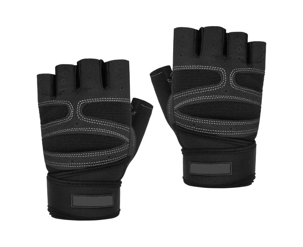 Fitness Gloves, Half Finger Gloves for Men and Women Exercise Equipment Dumbbell Workout -black+grey line(a pair) L