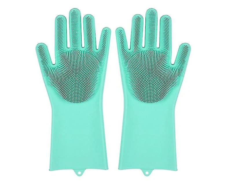 Dishwashing Cleaning Gloves Silicone Rubber Sponge Glove Household Scrubber Kitchen Clean Tools(2 Pieces, Green)