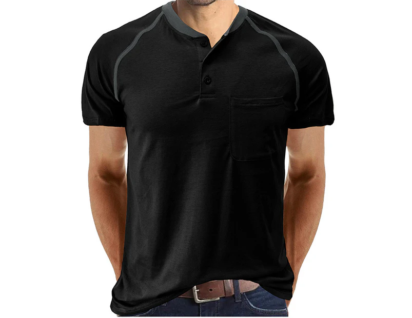 Men's Short Sleeve Henley Shirts Casual Button Down Shirts for Men with Chest Pocket All-match Cotton T-shirts Undershirts - Black