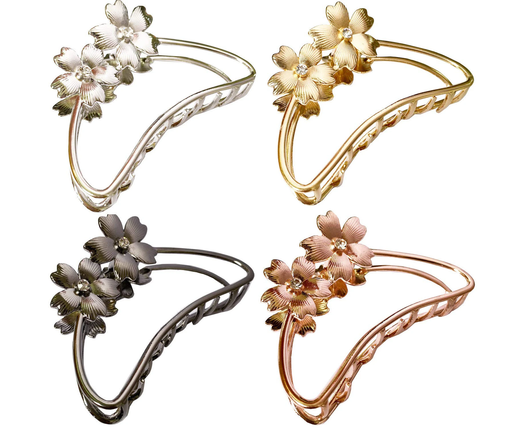 4PCS Double Flowers Shaped Metal Hair Claw Clips Hair Catch Barrette Jaw Clamp for Women Half Bun Hairpins for Thick Hair (Silver+Gold+Rose Gold+Black)