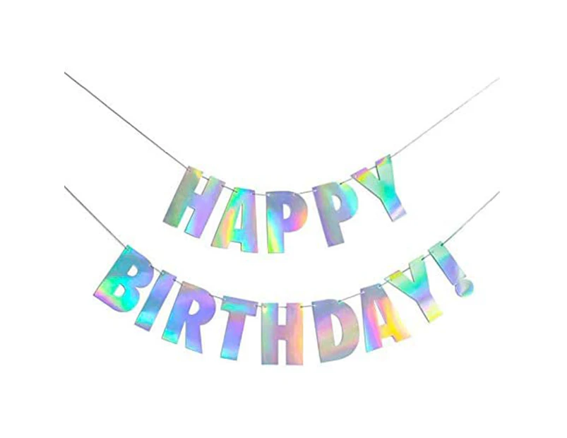 Holographic Happy Birthday Banner, Iridescent White Hanging Bunting Garland Party Decorations