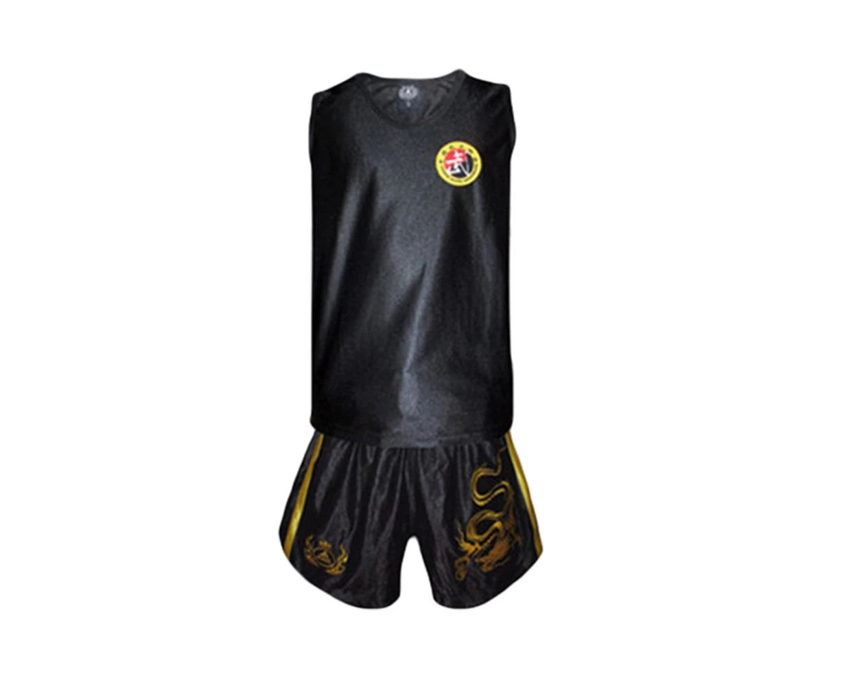 Dragon Pattern Taekwondo Boxing Muay Thai Unisex Sleeveless Top Shorts Set-Black - Black