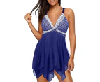 Womens Two Piece Mesh Print Tummy Control Swimdress Tankini Swimsuit - Blue