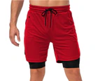 Loose Sport Shorts Stretchy Double Layers Quick Drying Running Shorts for Men-Red - Red