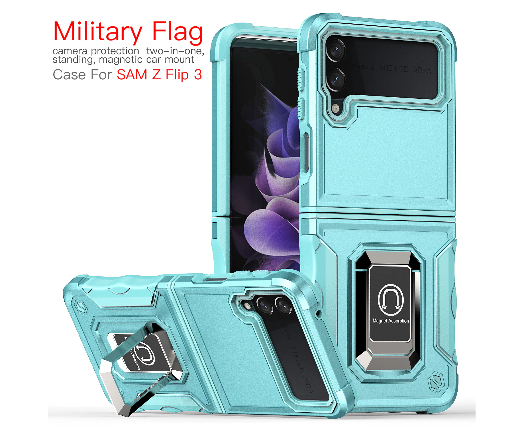 For Samsung Galaxy Z Flip3 Case Kickstand Stand Military Grade Shockproof Tough Hard Cover-Mint