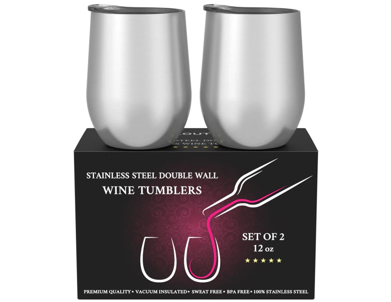 Stainless Steel Stemless Wine Glasses 2 Pack 12Oz - Double Wall Vacuum Insulated Wine Glass With Lid Set Of Two For Coffee, Wine, Cocktails.