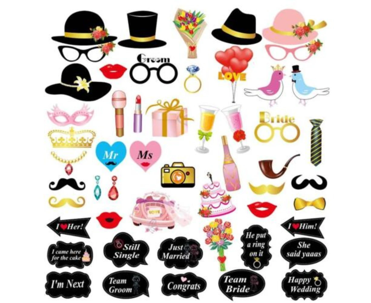 Wedding Photo Booth Props Kit Bridal Shower Bachelorette Party Supplies 53pc Set