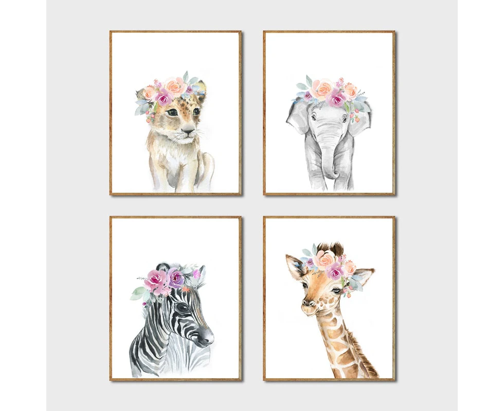 Modern-Animals Floral Crown Art Decor Canvas Painting , Baby Girl Prints Animal Giraffe Elephant Lion Wall Art Picture Nursery Poster-30x40-301