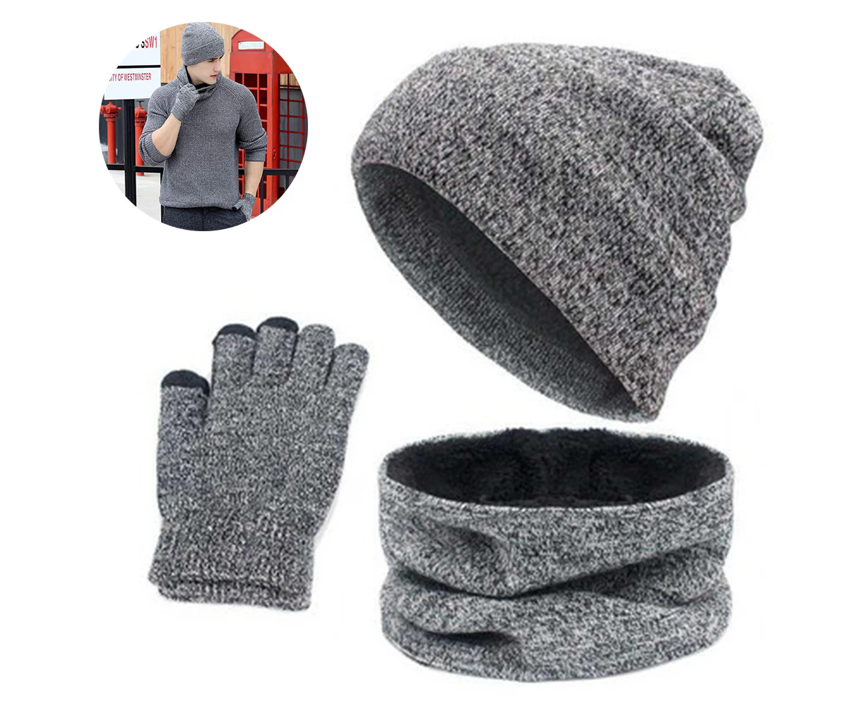 1 set/ 3 pcs Winter Hat Scarf Gloves Set for Men and Women, Beanie Gloves Neck Warmer Set with Warm Knit Fleece Lined-light gray