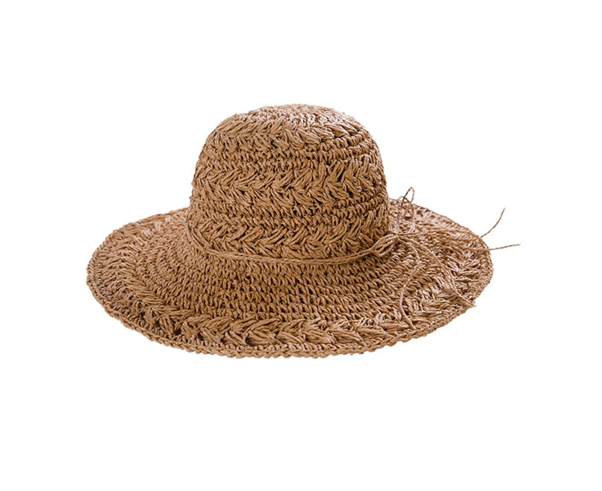 Women Foldable Crochet Knit Straw Hat Large Brim Sun Protection Sunhat Beach Cap Khaki