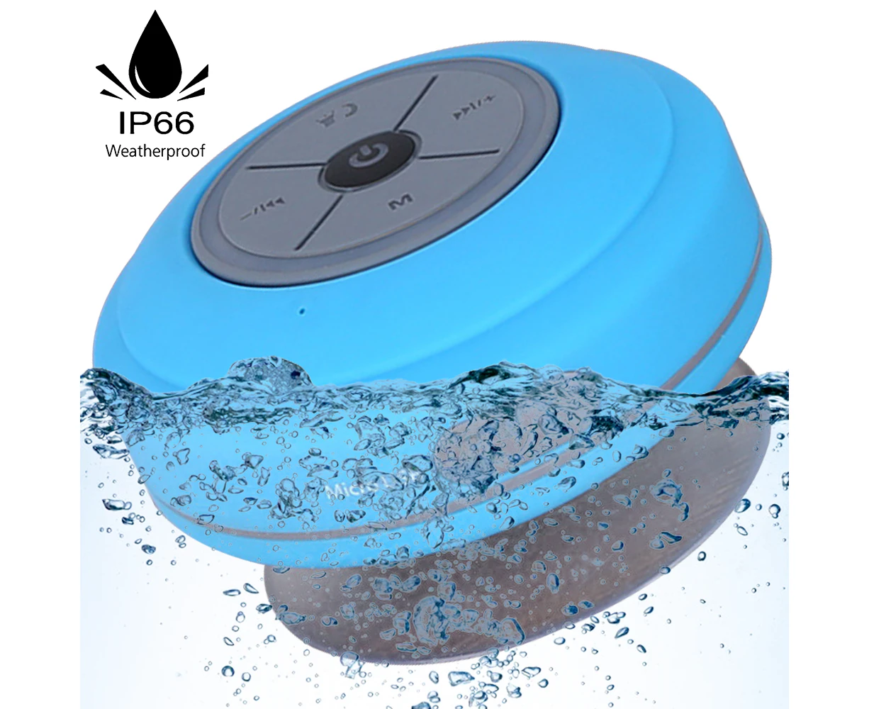 Water Resistant Bluetooth LED Shower Speaker FM Radio TF Card Reader, Built-in Control Buttons,Powerful Suction Cup Best for Indoor/Outdoor Use Blue