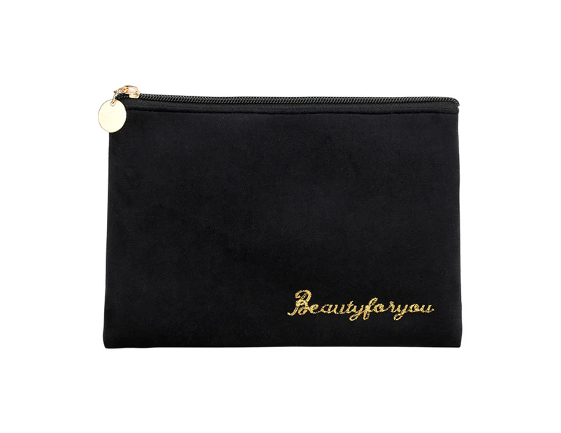 Cosmetic Bag with Handle Large Zipper Opening Velvet Women Multifunction Portable Makeup Storage Pouch Daily-Black-B