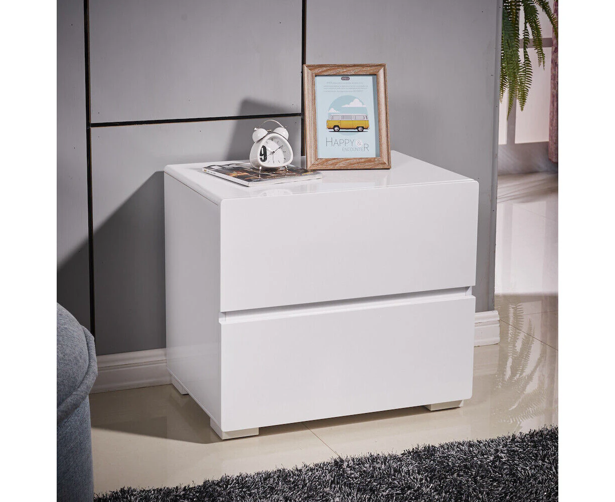 2x Designer High Gloss White Bedside Table Nightstand Cabinet 2 Drawer 4052WH