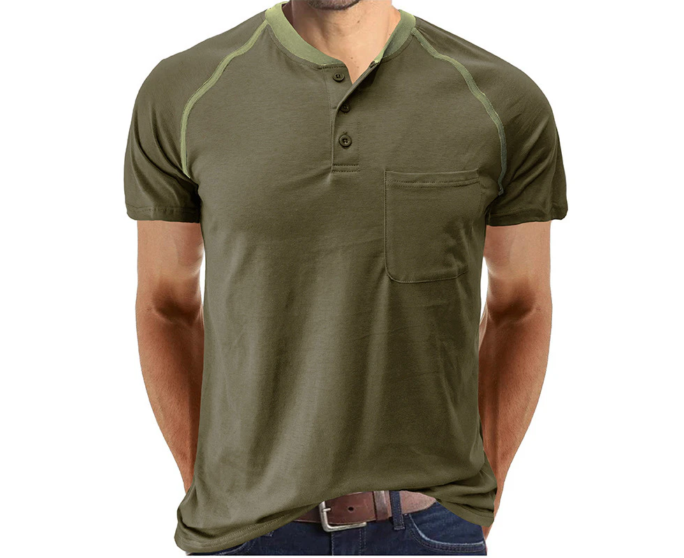 Men's Short Sleeve Henley Shirts Casual Button Down Shirts for Men with Chest Pocket All-match Cotton T-shirts Undershirts - Army Green