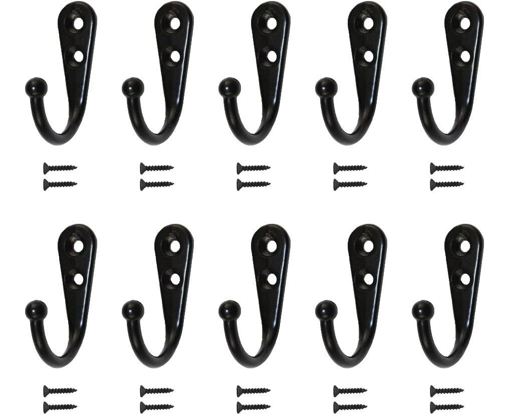 10pcs Single Hooks Black Wall Hooks Black Coat Rack Equipped with Mounting Screws