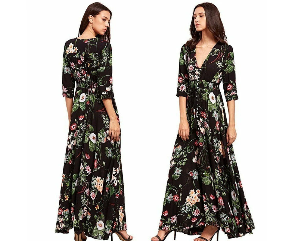 Womens Fashion Bohemian V Neck Print Big Swing Long Dress,Black,Xxl