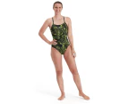 Speedo Women's Allover Fixed Crossback Swimsuit - Black/ Atomic Lime