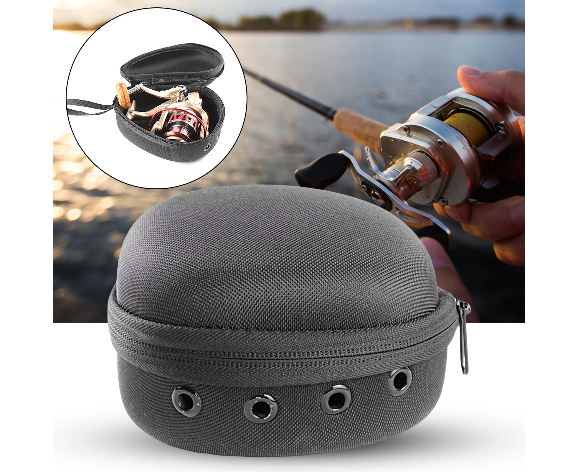 Fishing Reel Bag with Drain Hole Zipper Closure Waterproof Drum/Spinning/Raft Reel Fishing Pouch Bag for Camping - Black