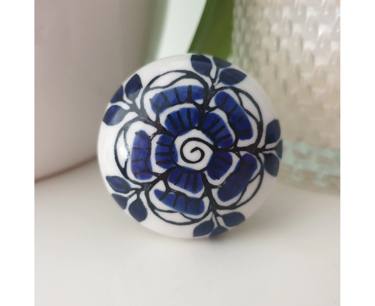 Blue Flower Ceramic Porcelain Door Knobs Furniture Drawer Bedside Cabinet Kitchen Hamptons Luxe coastal Navy