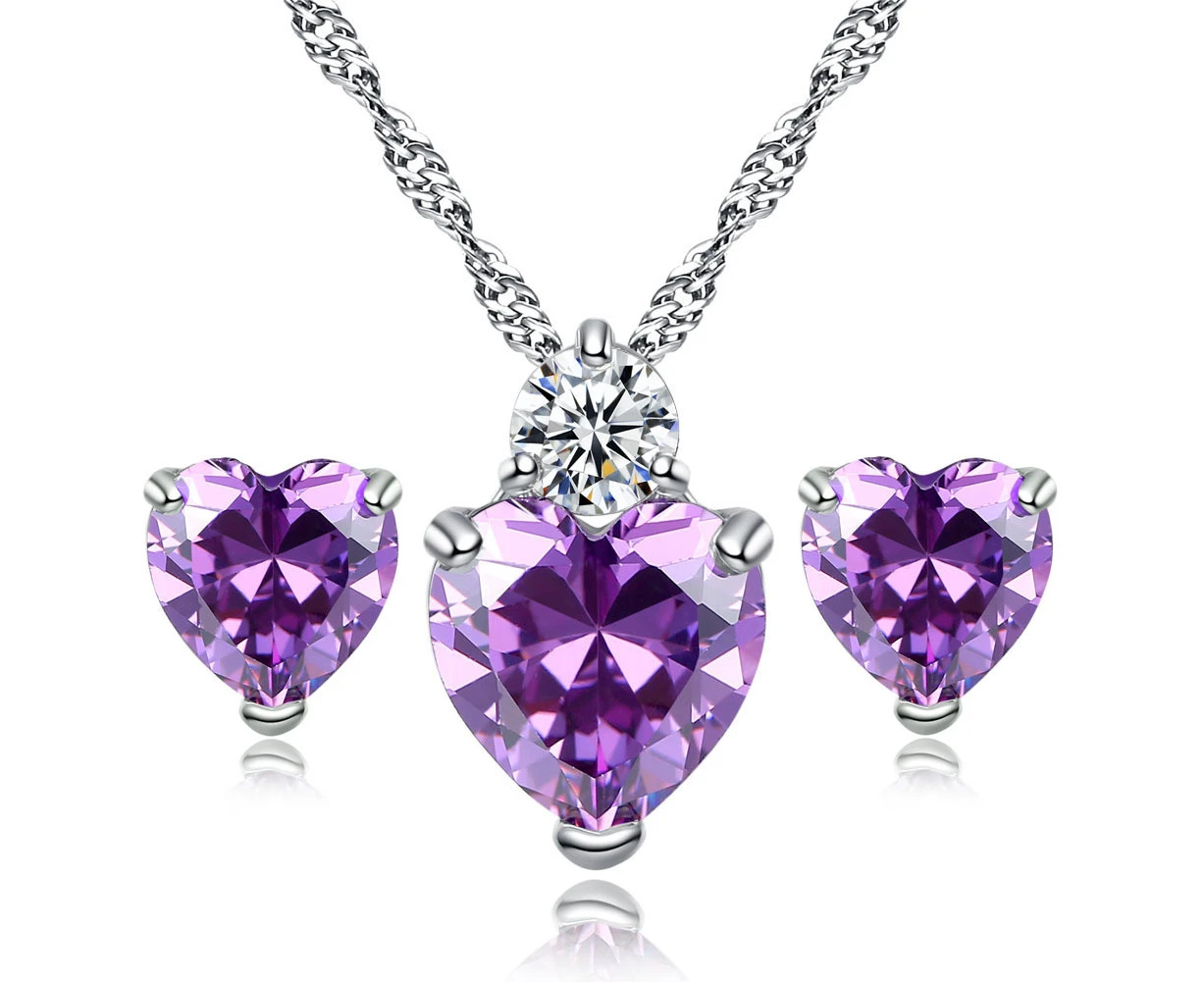 SunnyHouse Lady Shiny Cubic Zirconia Love Heart Pendant Necklace Stud Earrings Jewelry Set-Purple