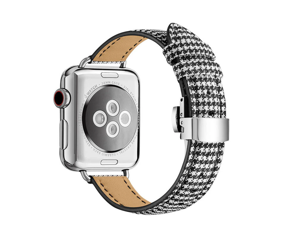 Marge Plus Leather Houndstooth Strap for iWatch SE Series6 5 4 3 2 1-Black Silver