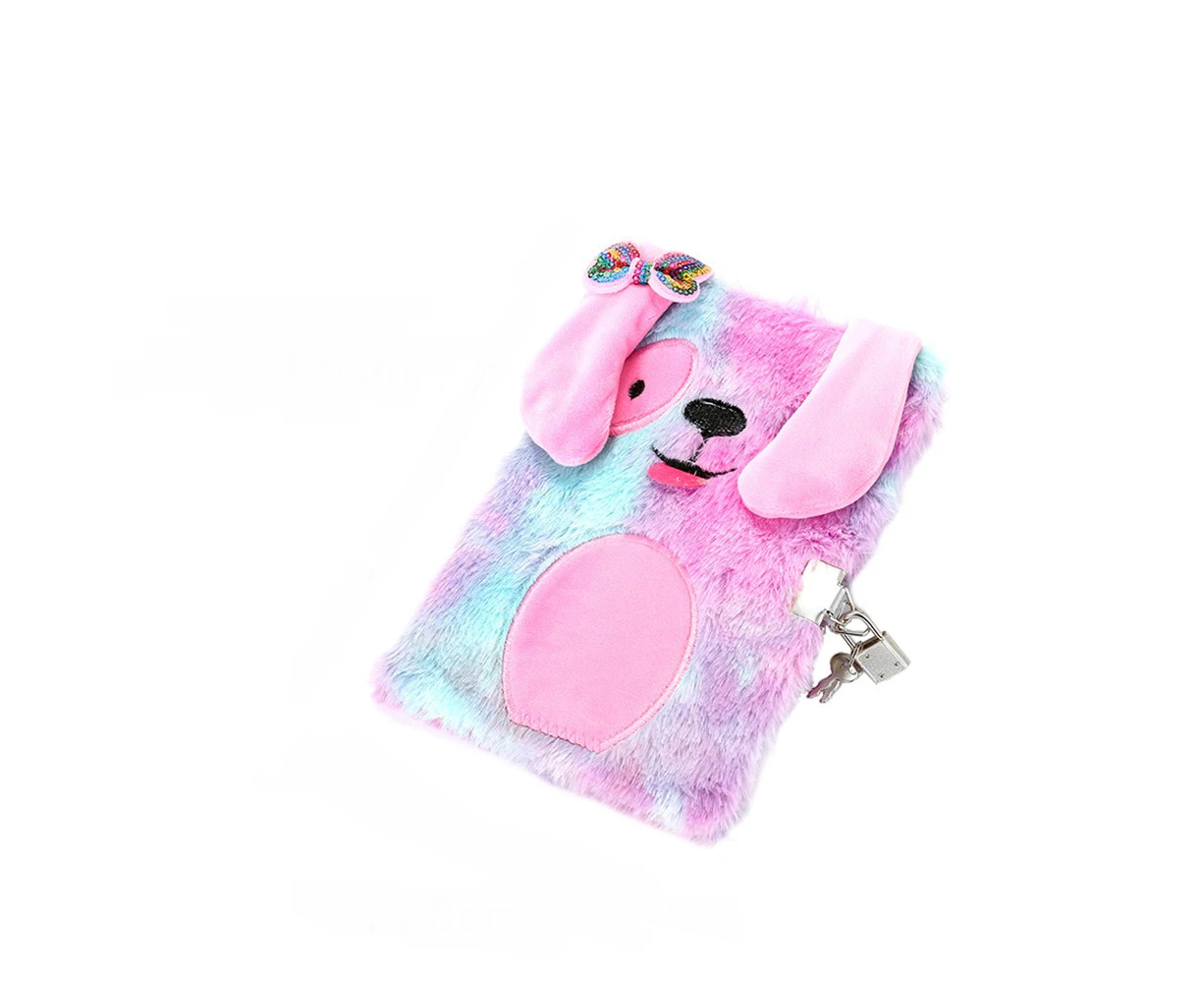 1pc Girls Diary with Lock and Key Cute Plush Rainbow Dog Secret Diary