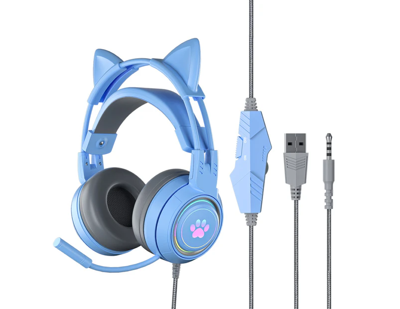 SY-G25 Wired Headphone Sensitive Noise Reduction Detachable Cat Ear 3.5mm USB Omnidirectional Gaming Headset for Laptop Blue