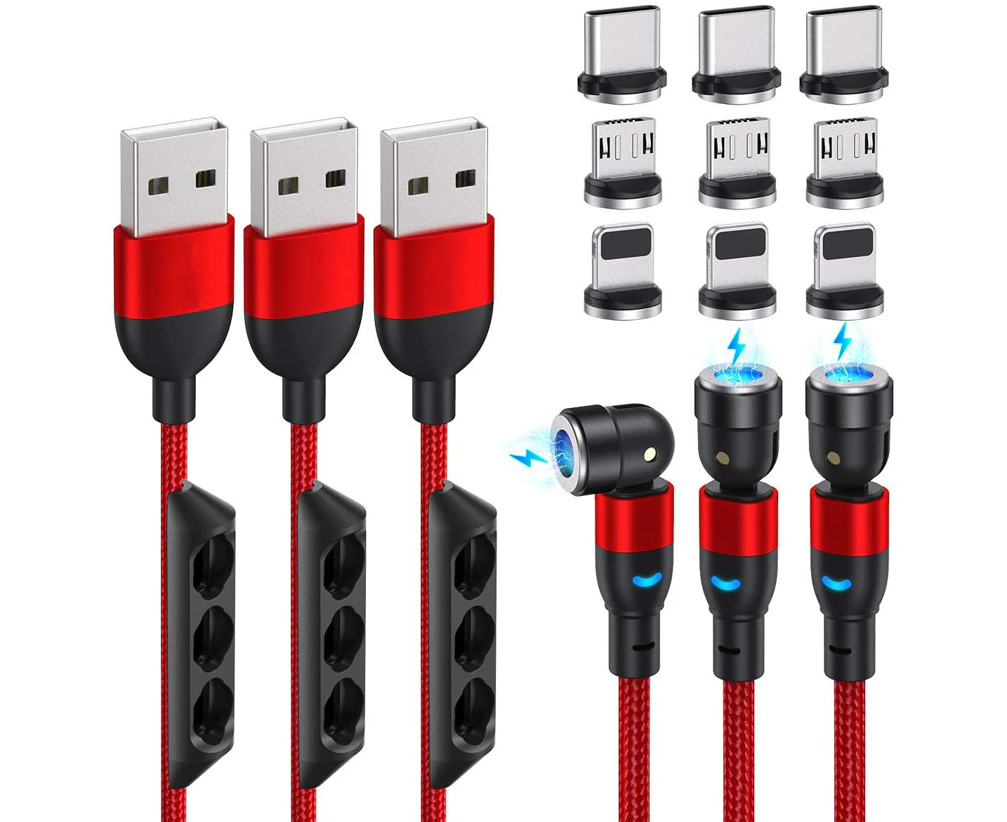 540 Degree Magnetic Charging Cable Nylon Braided 3A Fast Charge Magnetic Data Cable Universal 3 In 1 Magnet Phone Charger Compatible With Micro Usb, Type C