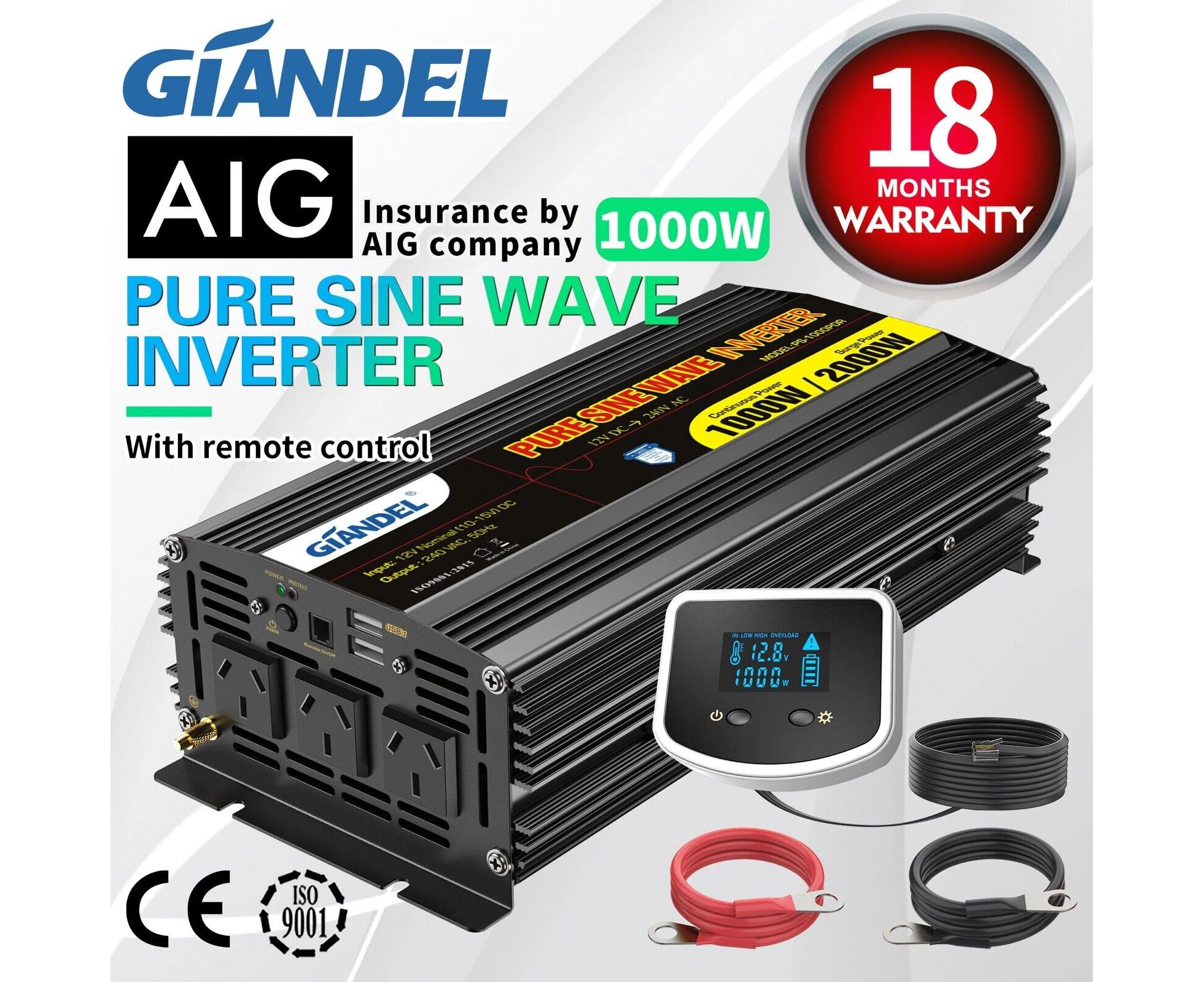 Giandel Pure Sine Wave Inverter 1000W/2000W 12V/240V USA Transistors