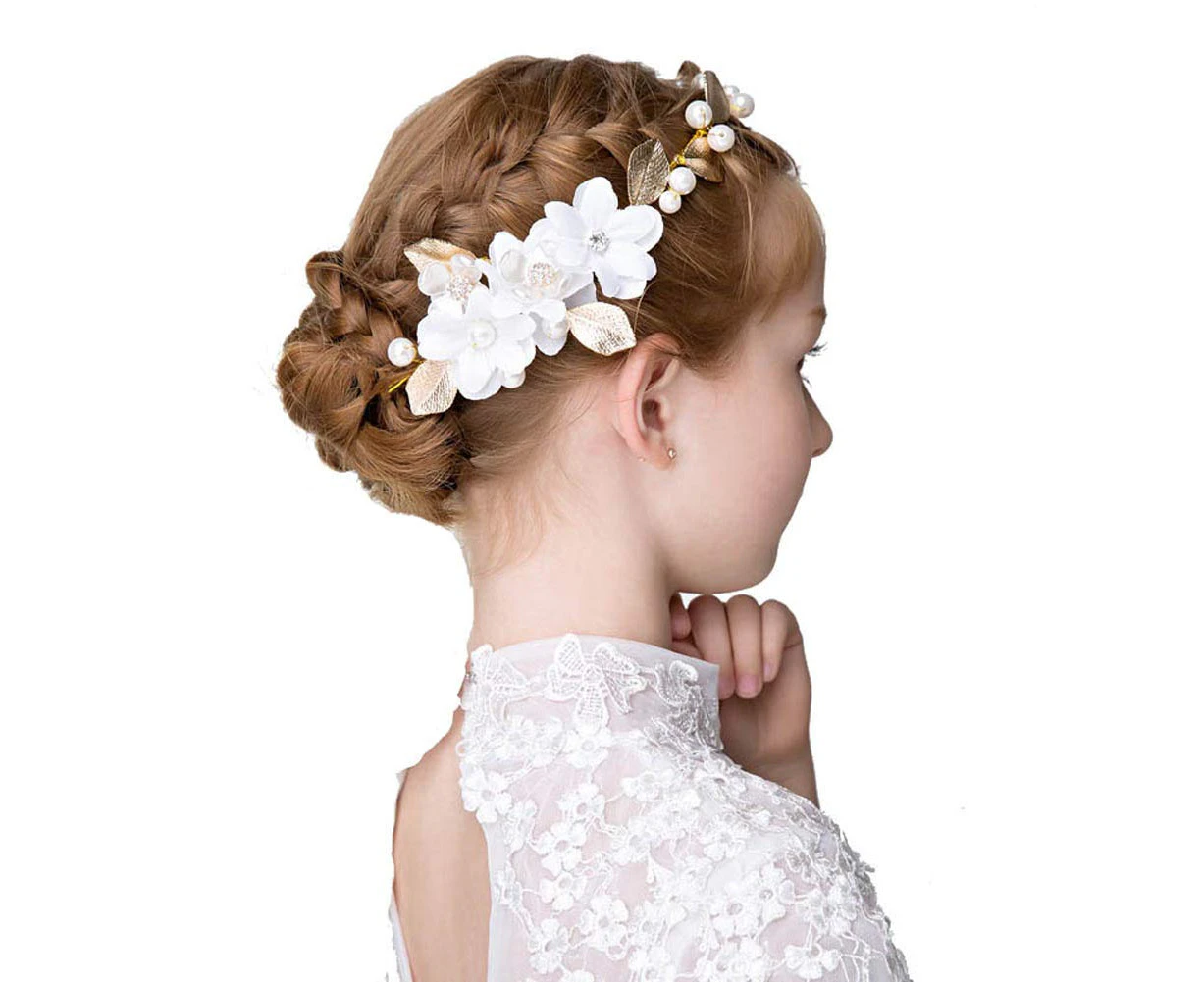 Princess Wedding Faux Pearl Crystal Gold Leaf White Flowers Headwear for Wedding Tiara Flower Headband Accessories Suitable for Shows, Children' Day