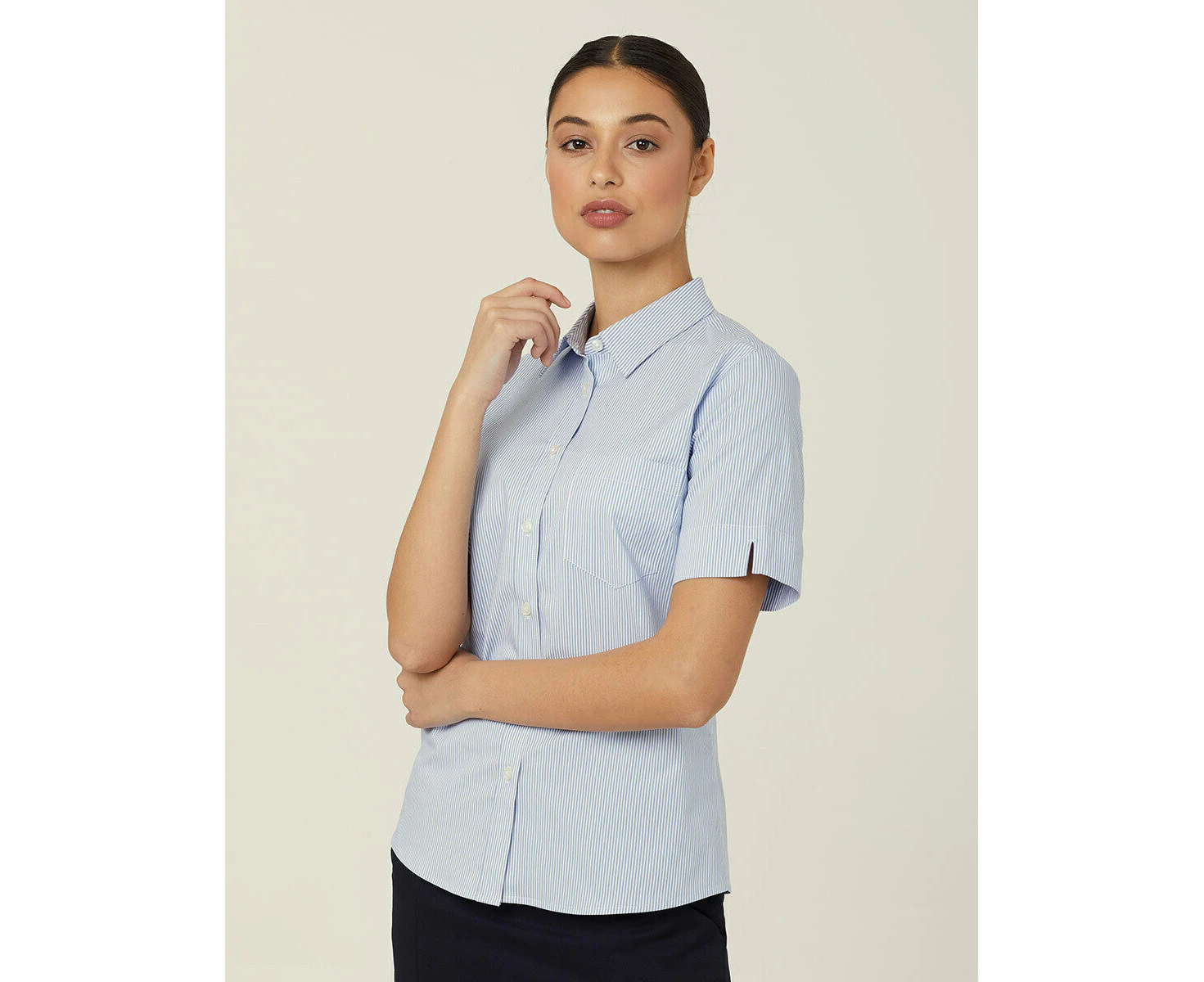 NNT Womens Avignon Stripe Short Sleeve Slim Casual Shirt Regular Business CATUK5 - Light Blue Stripe