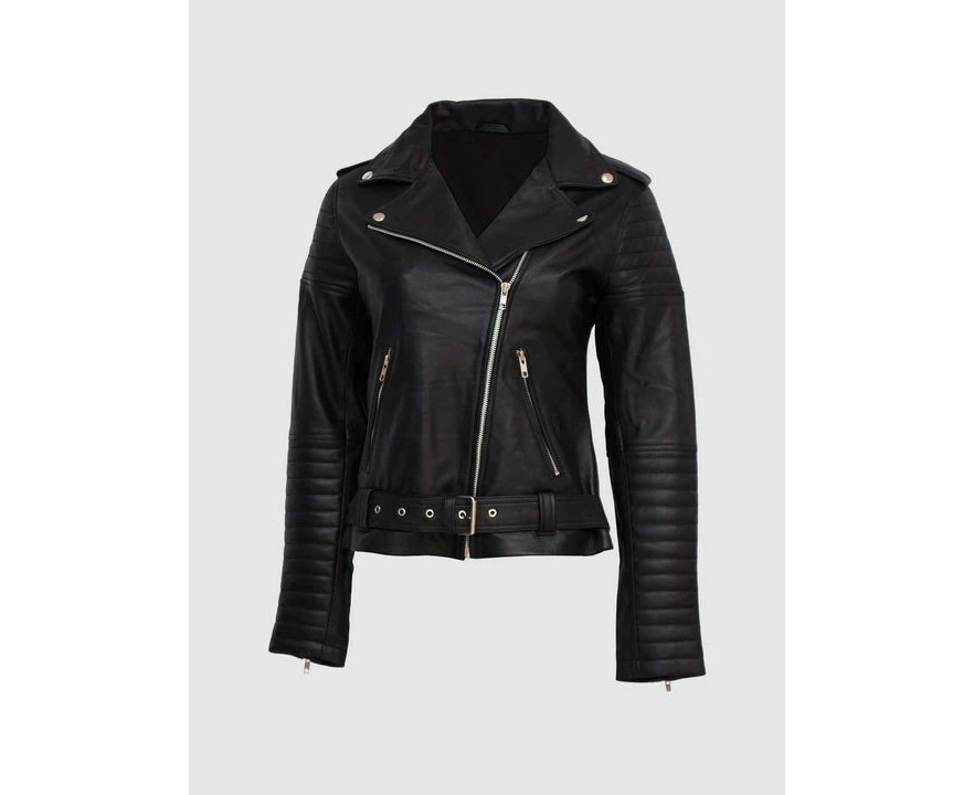 Women's Leather Padded Biker Jacket - Black