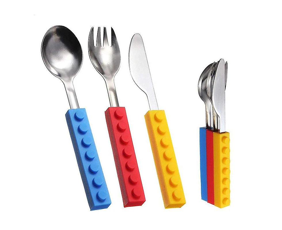 Toddler Block Spoon Set, Kids Cutlery Safe Stainless Steel Silverware - 3 Pieces