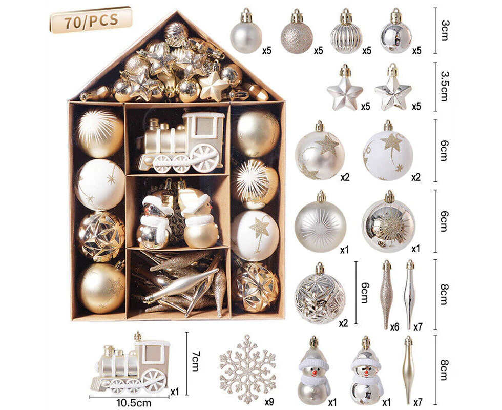 70Pcs Gold & White Christmas Tree Xmas Balls Decorations Glitter Baubles Party Wedding Ornament