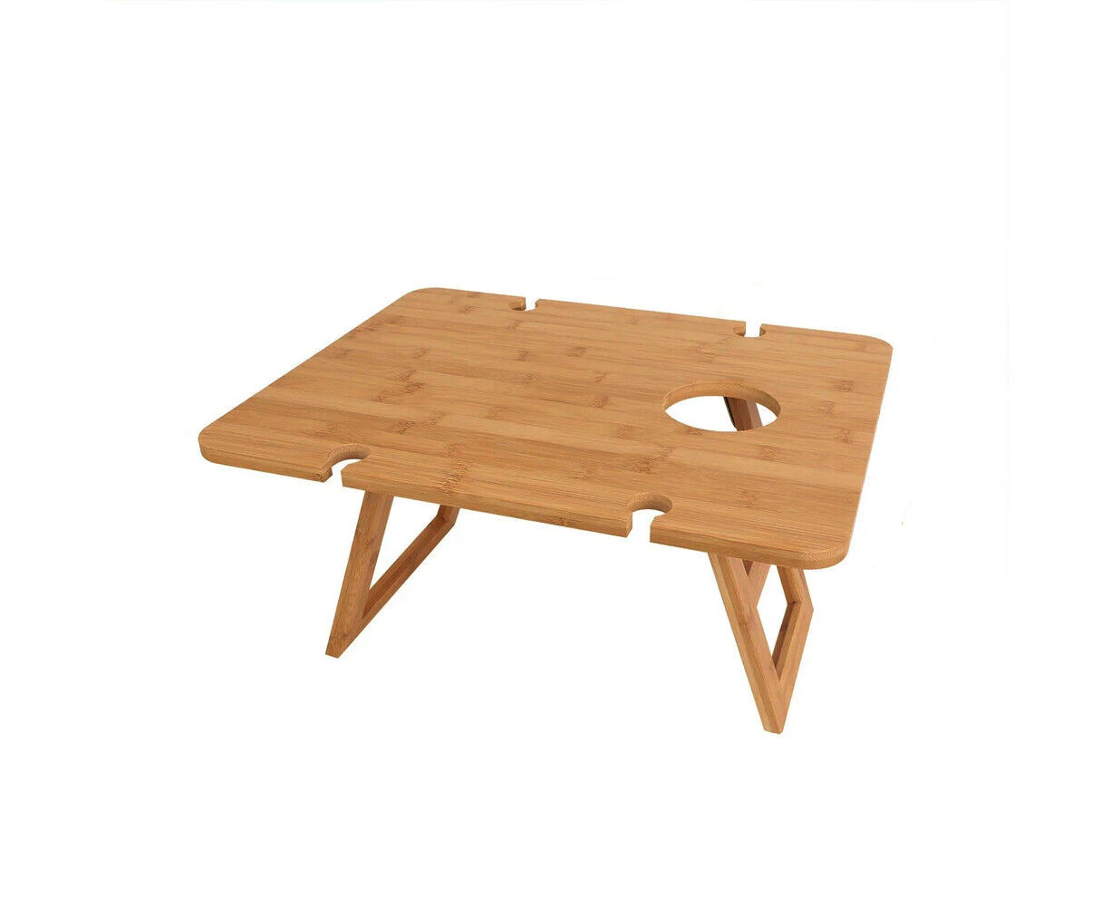 Bamboo Picnic Table With Wine Glass Holder Rack Folding Tray Outdoor Portable