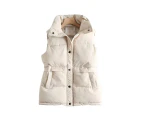 Sleeveless Slant Pockets Elastic Waist Single-breasted Vest Jacket Winter Solid Color Stand Collar Padded Puffer Waistcoat Outerwear - Beige