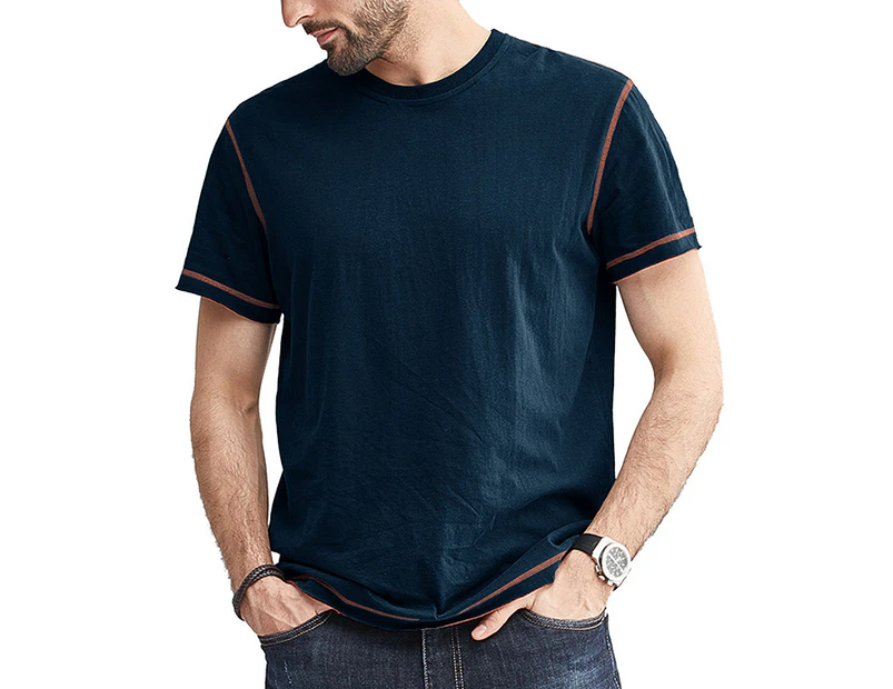 WeMeir Men's Short Sleeve Henley Shirts Casual T-shirts for Men All-match Cotton T-shirts Undershirts - Navy