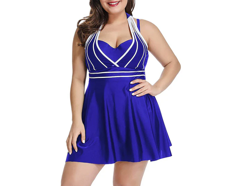 Womens Halter Swimdress Plus Size Two Piece Swimsuit Tankini Set - Blue