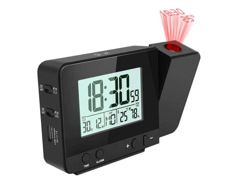 Digital Bedroom Projection Alarm Clock, Large Ceiling Projection Alarm Clock with USB Port, Backup Battery, 180° Projector, LED Display, Black