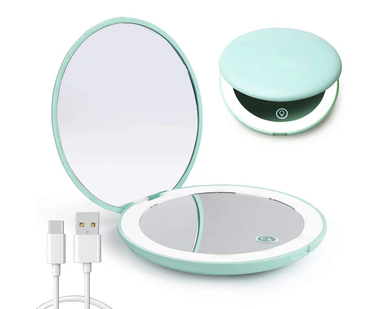 Led Compact Mirror, Rechargeable 1x/10x Magnification Compact Mirror, Dimmable Small Travel Makeup Mirror,Pocket Mirror ,Gifts for Girls,Green