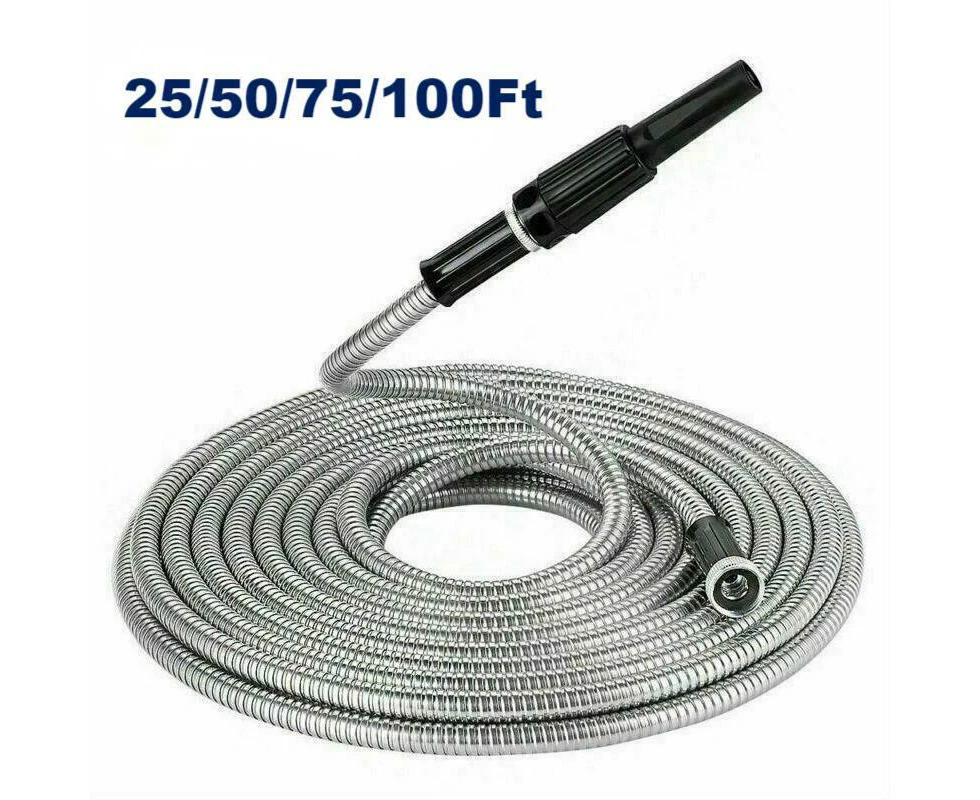 50FT Stainless Steel Water Hose Pipe Metal Garden Nozzle Connector