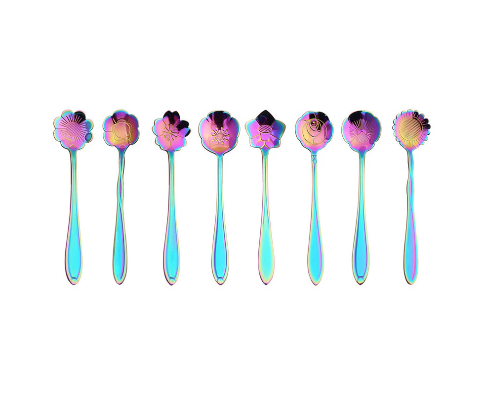 Flower Spoon Set - 8pcs Teaspoon Rainbow Color for Coffee Tea Mixing Sugar Ice Cream Stir Bar Spoons - 8 Diffient Pattern Colorful Mini Cutlery Set